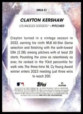 Baseball trading card of Clayton Kershaw from the Los Angeles Dodgers 2023 Topps Stars of MLB