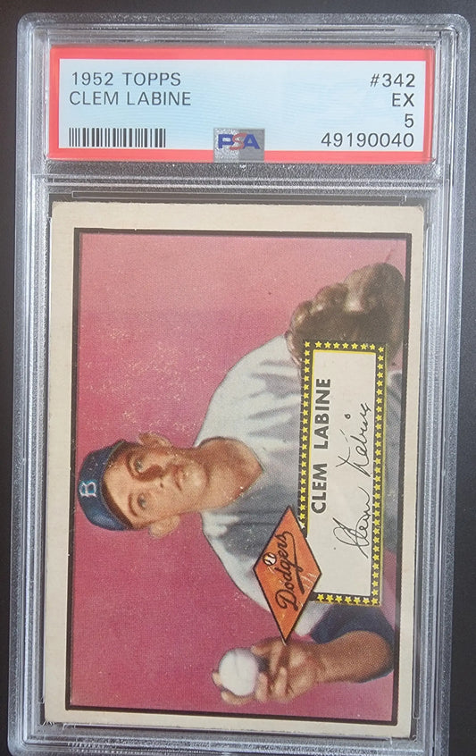 Clem Labine 1952 Topps #342 PSA 5 baseball card in protective case with pink background