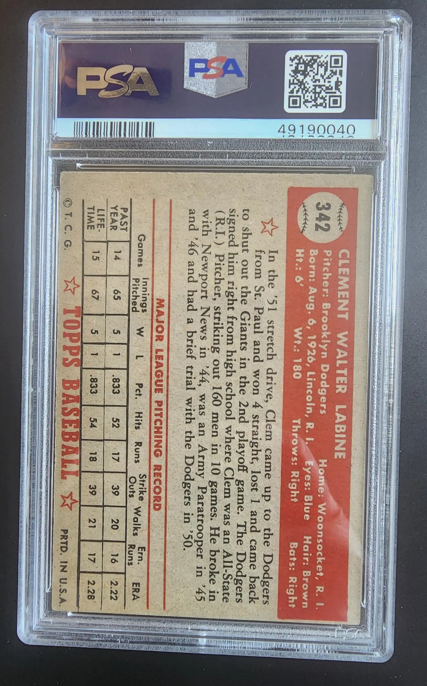 Clem Labine 1952 Topps #342 PSA 5 Baseball Card in Grading Holder, Vintage Trading Card