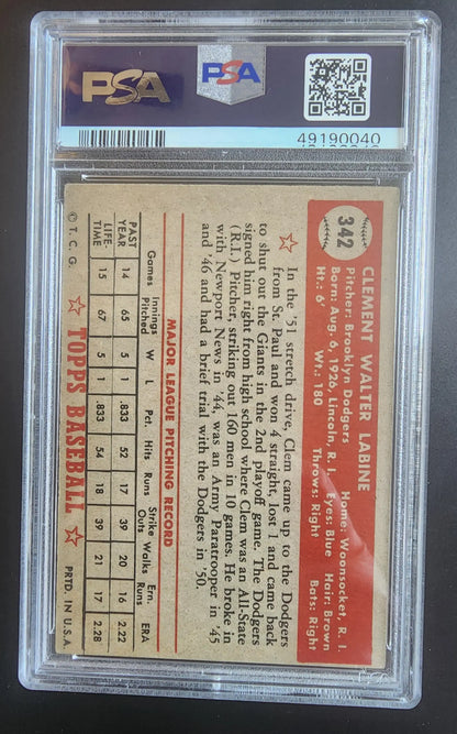 Clem Labine 1952 Topps #342 PSA 5 Baseball Card in Grading Holder, Vintage Trading Card
