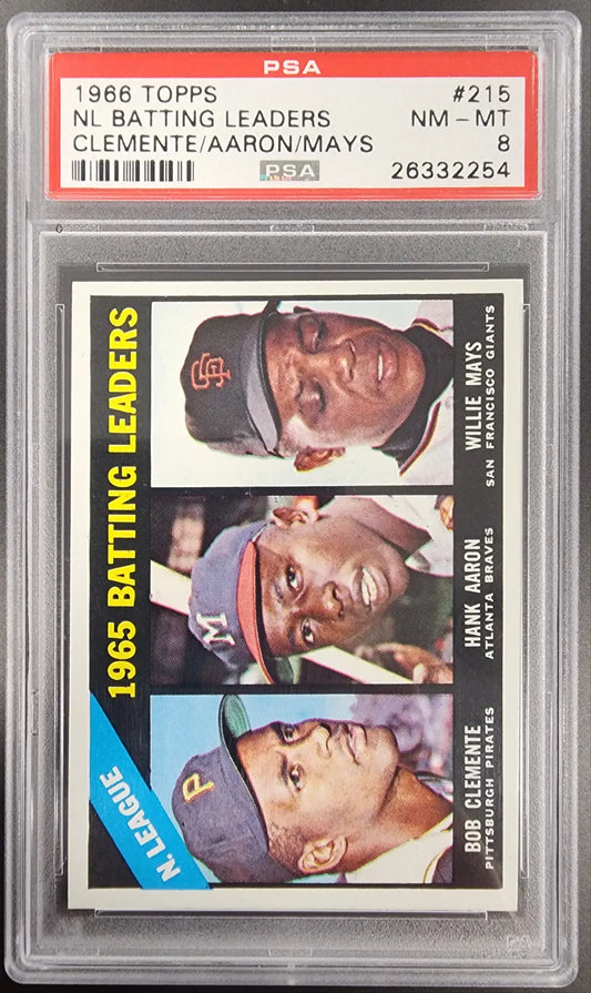 Graded 1966 Topps Batting Leaders card featuring Clemente, Aaron, and Mays in PSA 8 Nm-Mint