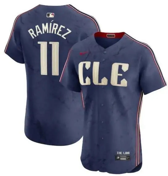 Navy Cleveland Guardians Nike City Connect Elite Baseball Jersey on display