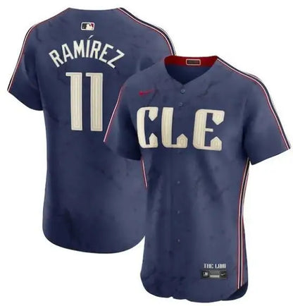 Navy Cleveland Guardians Nike City Connect Elite Baseball Jersey on display