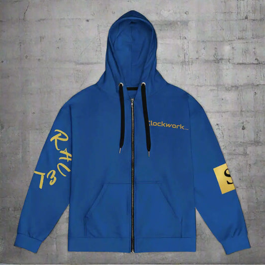Blue unisex zip hoodie with black drawstrings and yellow Clockwork Meltdown graphic