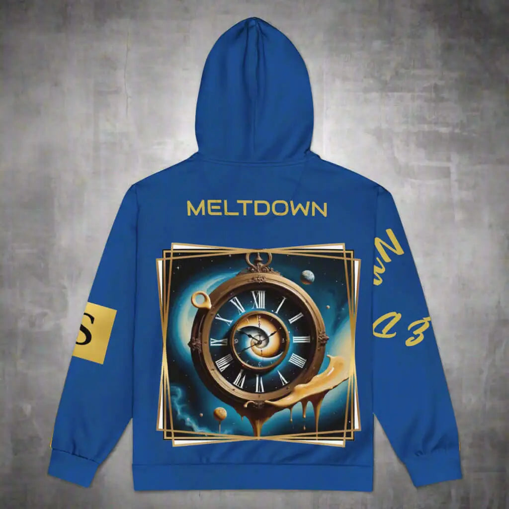 Blue hooded sweatshirt with melting clock graphic from CLOCKWORK MELTDOWN unisex zip hoodie