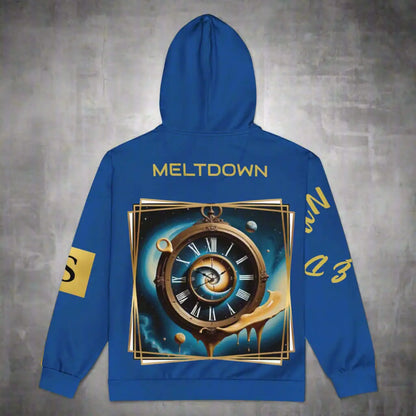 Blue hooded sweatshirt with melting clock graphic from CLOCKWORK MELTDOWN unisex zip hoodie