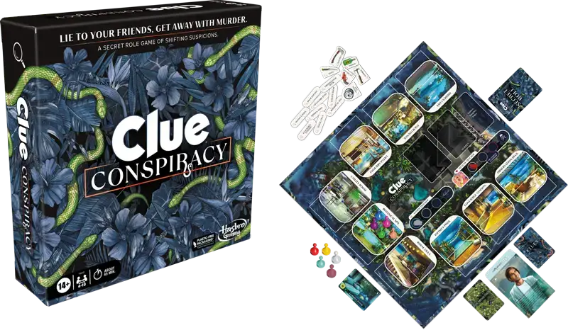 Clue Conspiracy board game with secret role elements and conspiracy theme for mystery fans