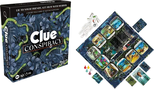 Clue Conspiracy board game with secret role elements and conspiracy theme for mystery fans