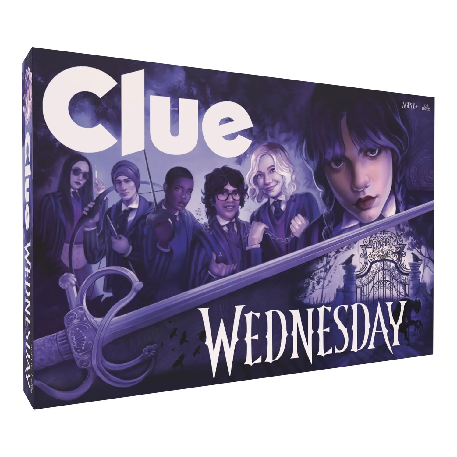 CLUE Wednesday edition board game box in dark purple featuring show characters
