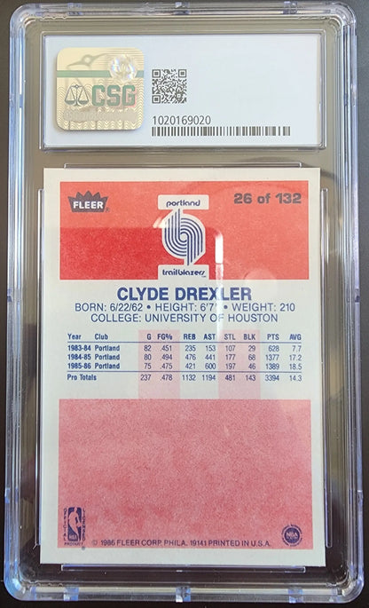 Clyde Drexler 1986 Fleer trading card in protective case showcasing statistics