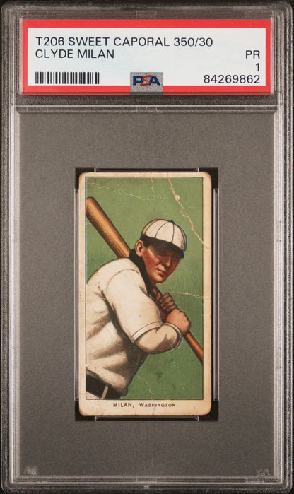 Clyde Milan 1909-11 T206 Sweet Caporal baseball card in white uniform with bat
