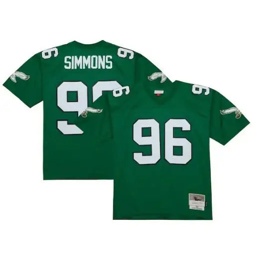 Two green Philadelphia Eagles football jerseys with 96 and Simmons displayed