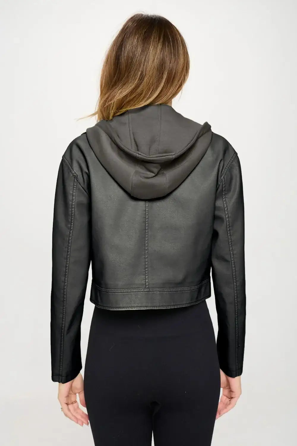 Black leather cropped hooded jacket from Coalition LA Snap Down Cropped Hooded Jacket