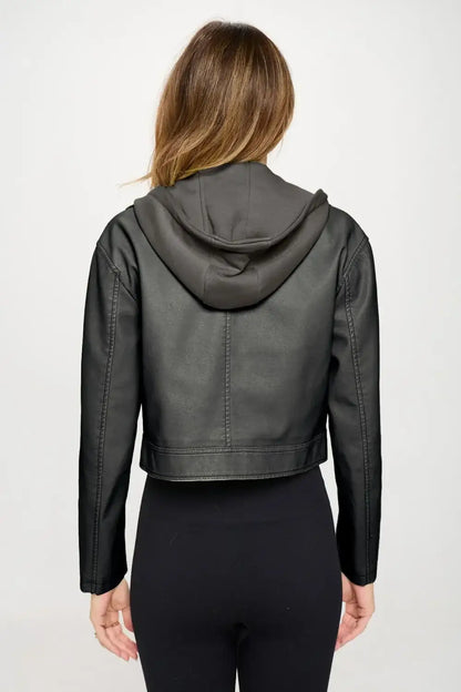 Black leather cropped hooded jacket from Coalition LA Snap Down Cropped Hooded Jacket