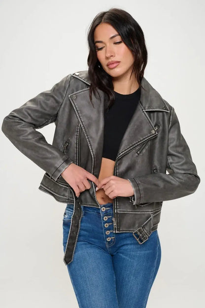 Coalition LA Zip Up Biker Jacket with Belt
