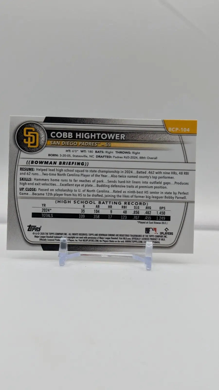 Baseball trading card of Cobb Hightower from Bowman Chrome Prospects 2025