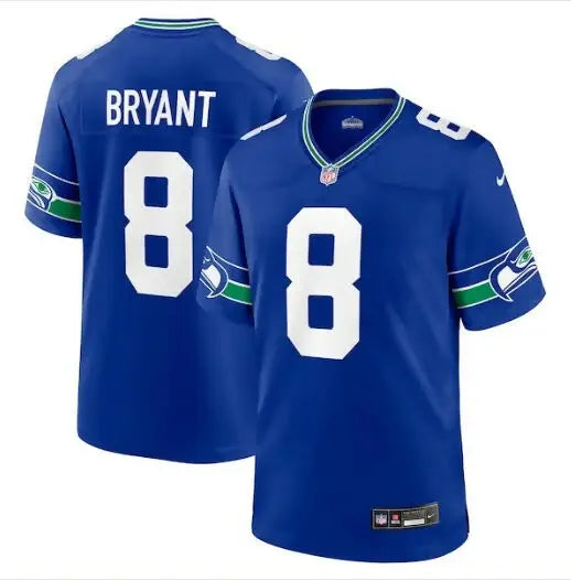 Blue NFL football jersey with Bryant and number 8, Seattle Seahawks Nike Throwback