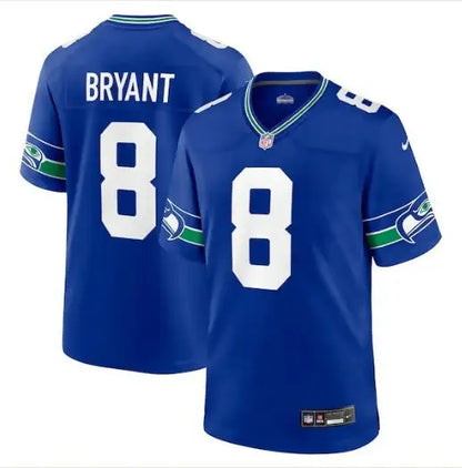 Blue NFL football jersey with Bryant and number 8, Seattle Seahawks Nike Throwback