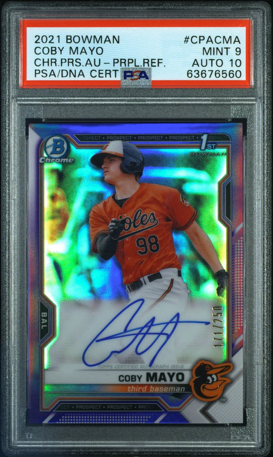 PSA-graded Coby Mayo 2021 Bowman Purple Refractor Auto with holographic finish