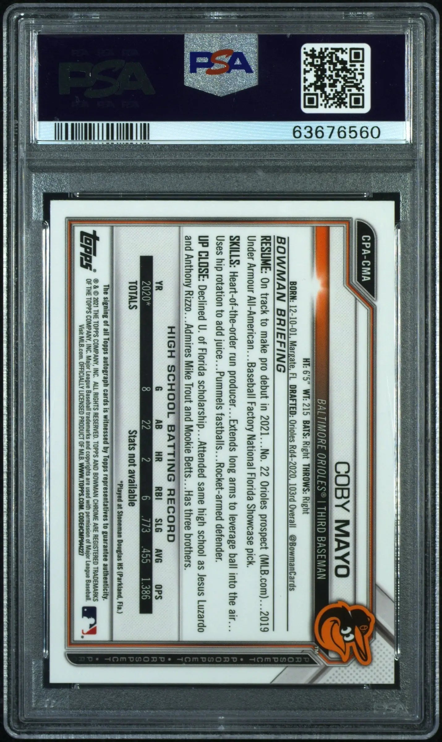 Coby Mayo 2021 Bowman Purple Refractor Auto #171/250 in protective case with QR code