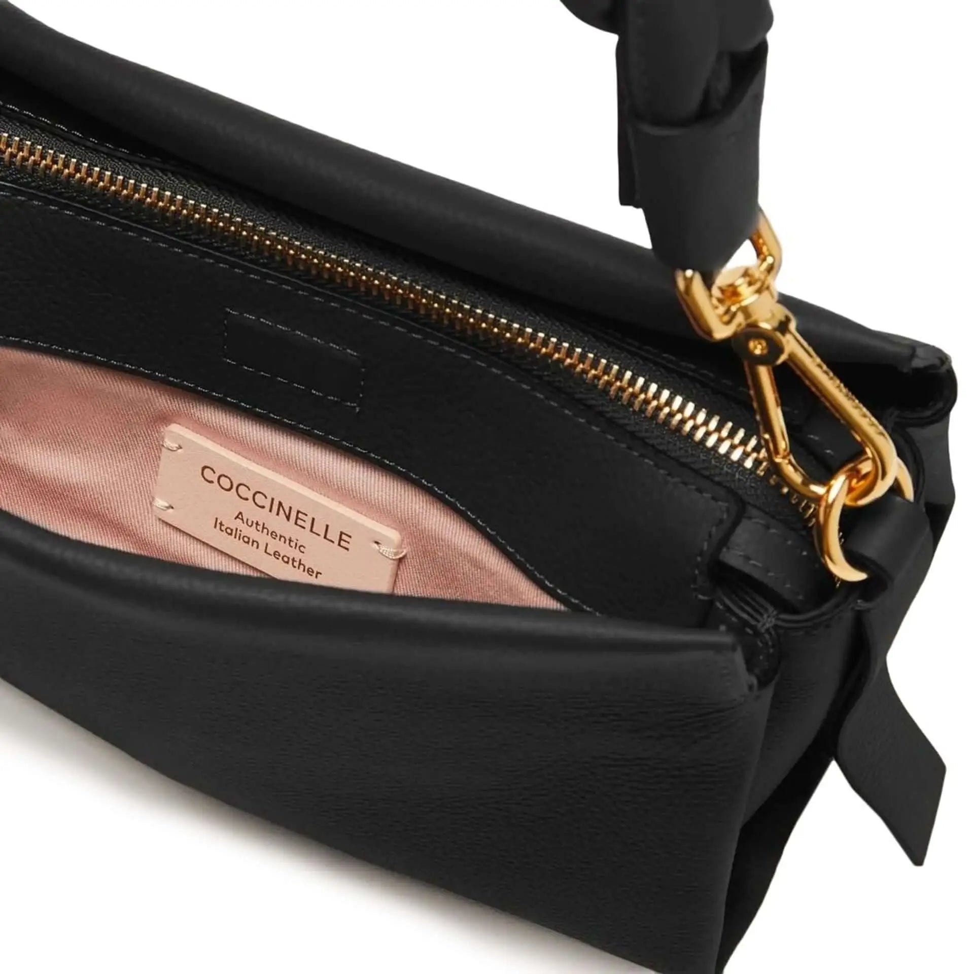 Black leather handbag with gold-tone zipper and hardware from Coccinelle women’s collection