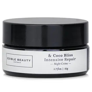 Black jar of Coco Bliss Intensive Repair Night Cream with white label for deep skin repair