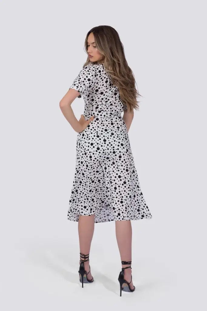 Coco Dress White Polka Dot, white midi dress with black polka dots, short sleeves