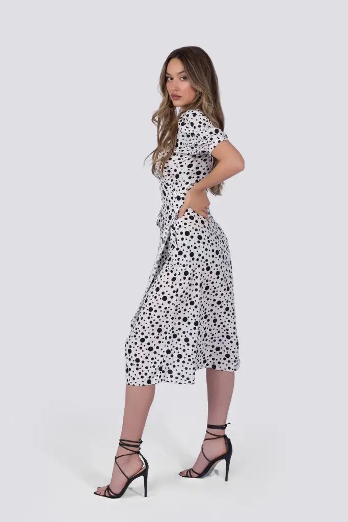Coco Dress White Polka Dot, stylish white wrap dress with black polka dots for business days