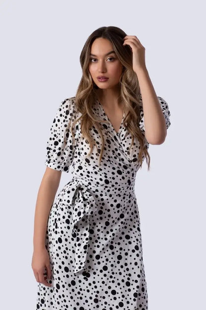 Coco Dress White Polka Dot, stylish white wrap dress with black polka dots for business days