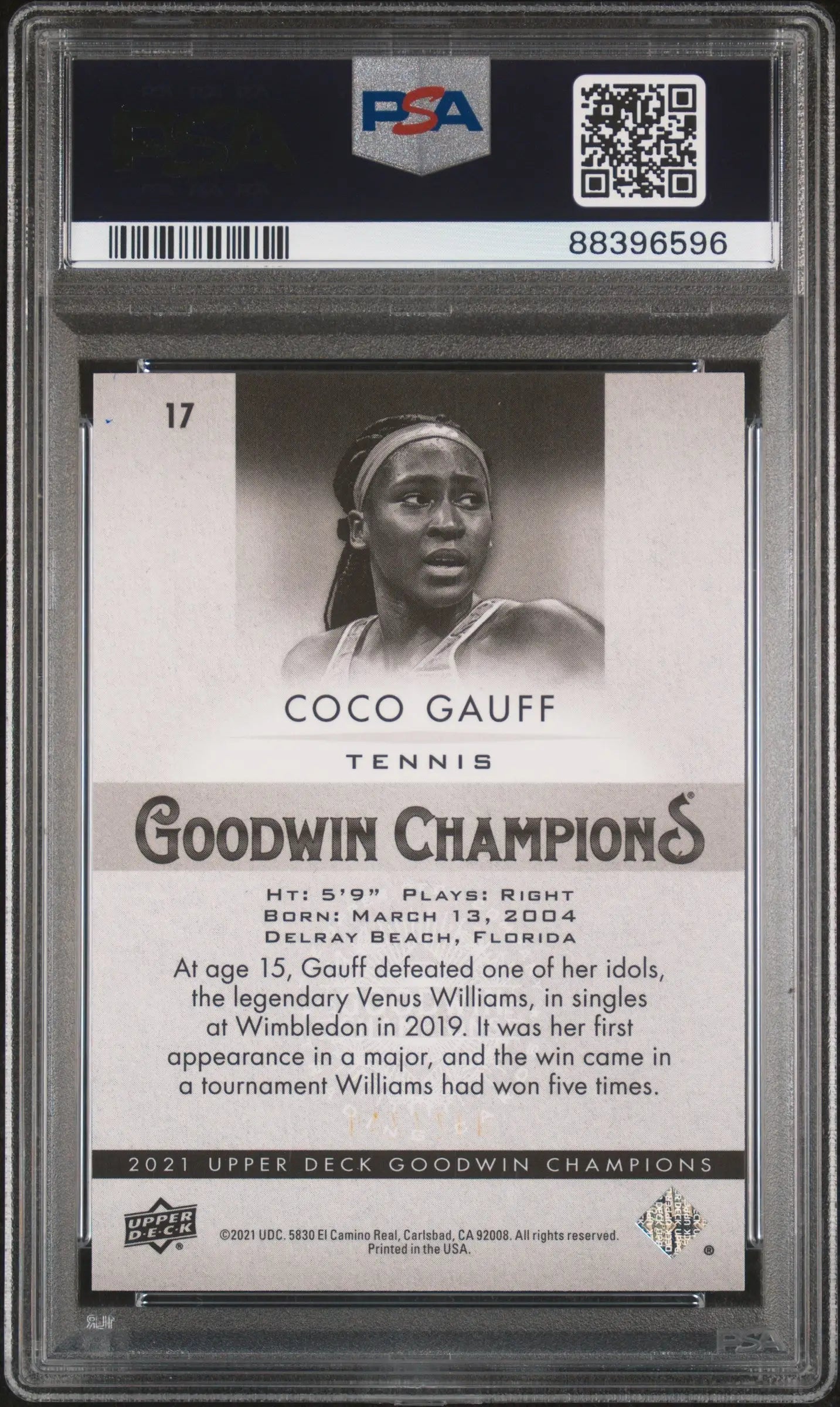 Encased and graded Coco Gauff tennis trading card from Upper Deck Goodwin series