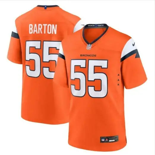 Orange Denver Broncos Cody Barton Nike Game Jersey featuring #55 football jersey display