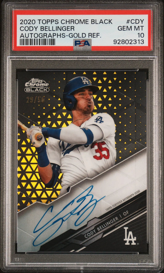 Cody Bellinger 2020 Topps Chrome Black Gold Auto card with gold refractor parallel PSA 10