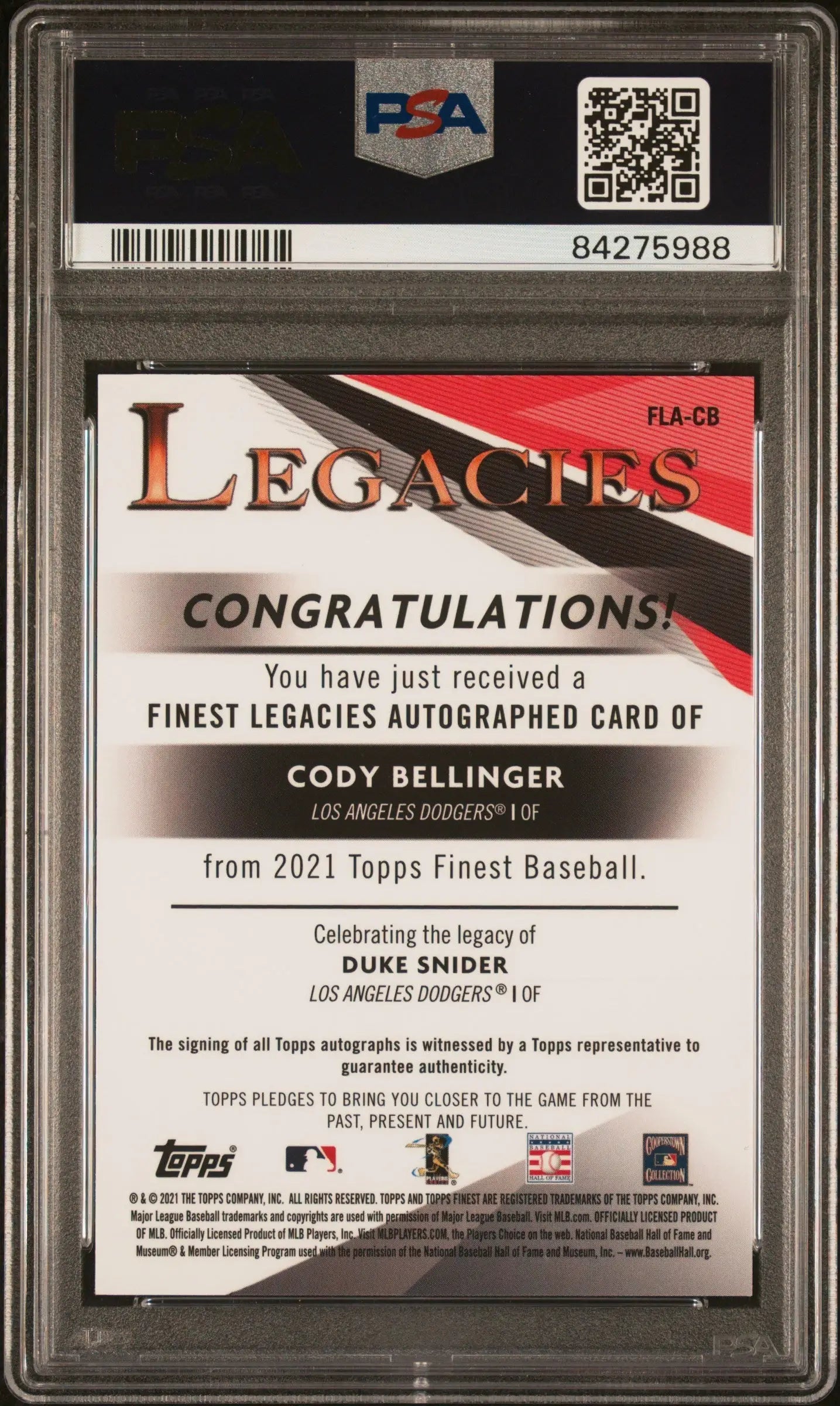 Graded Cody Bellinger 2021 Finest Legacies Auto baseball trading card PSA 10
