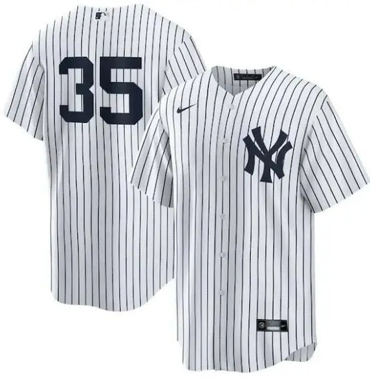 Pinstriped New York Yankees Nike home replica player jersey worn by Cody Bellinger