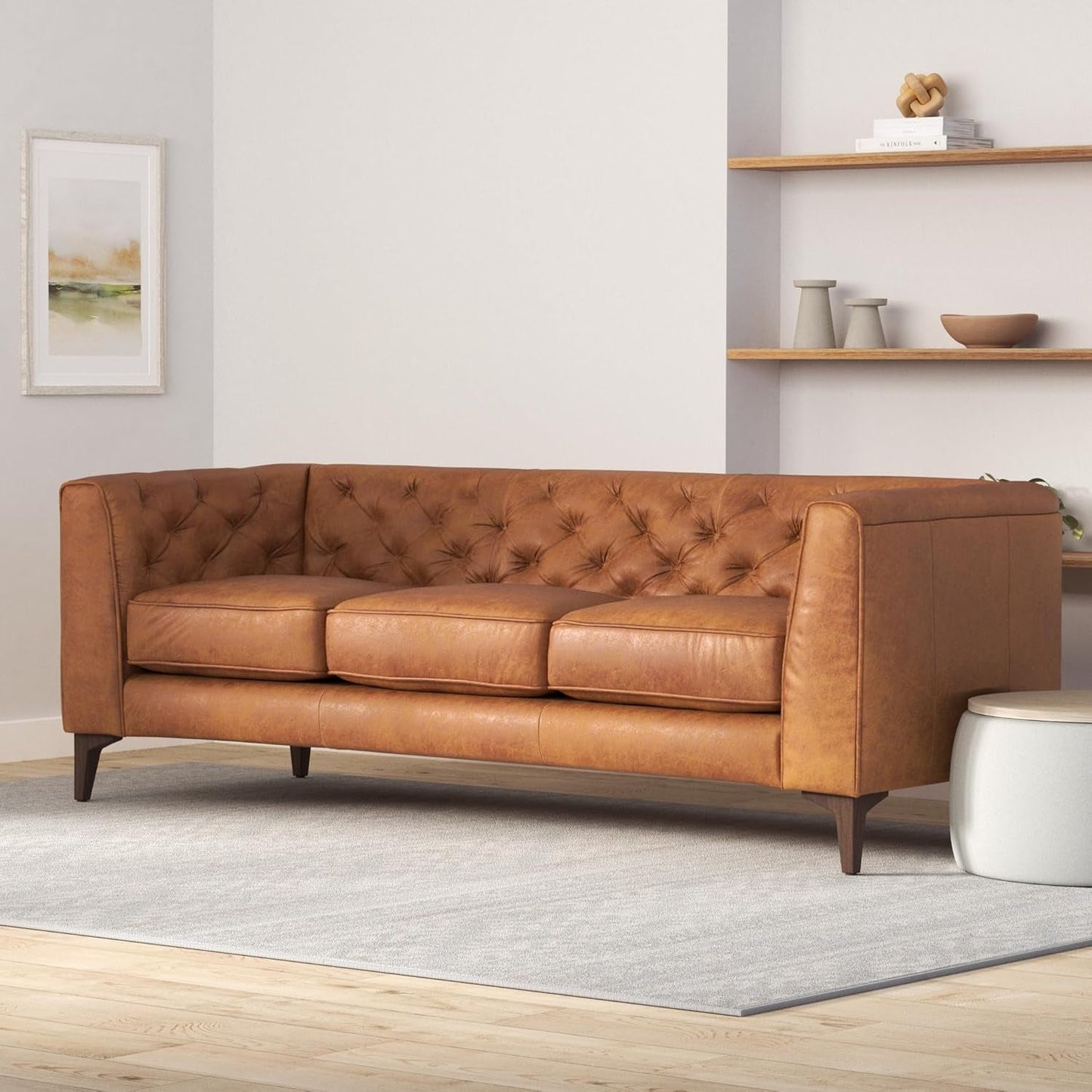 Cognac Tan Leather Sofa with Tufted Back Design-1