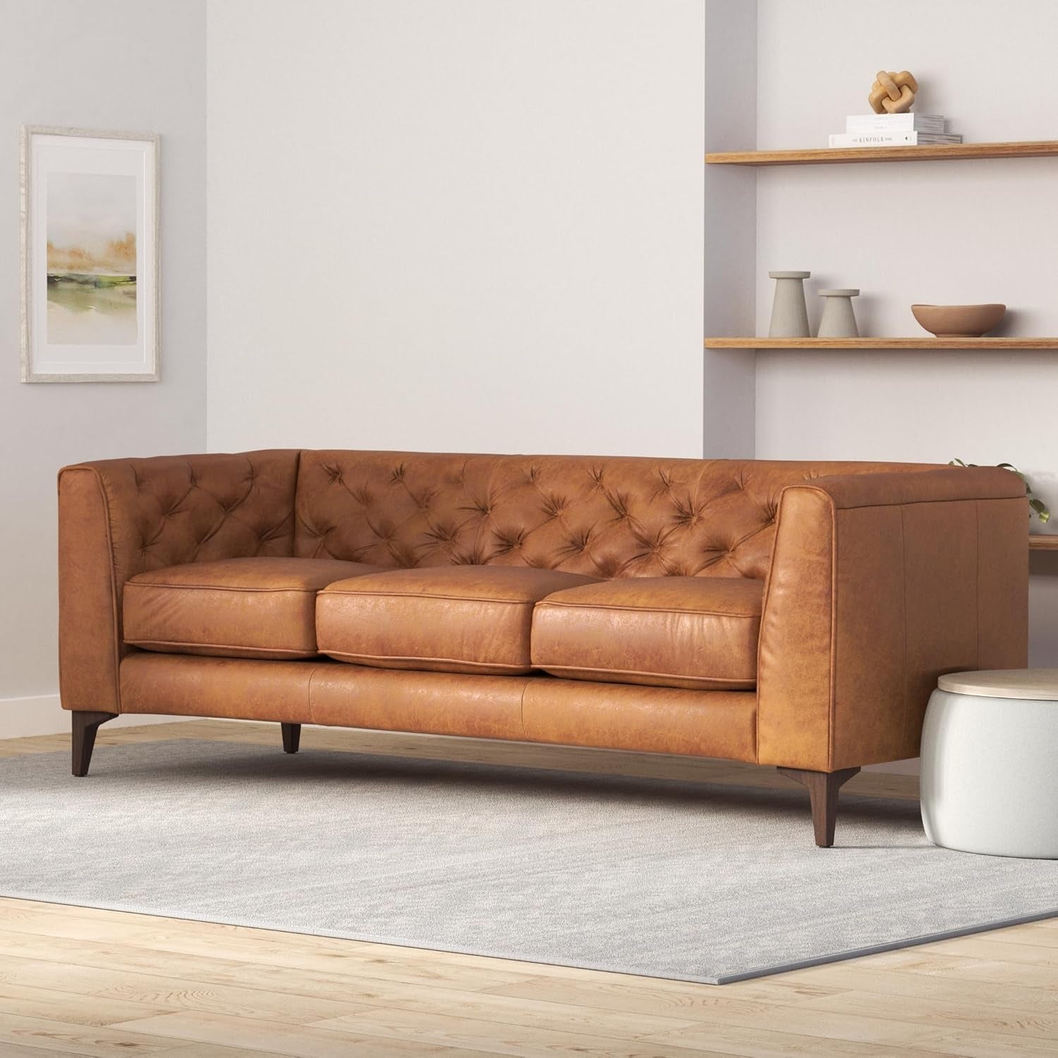 Cognac Tan Leather Sofa with Tufted Back Design-1