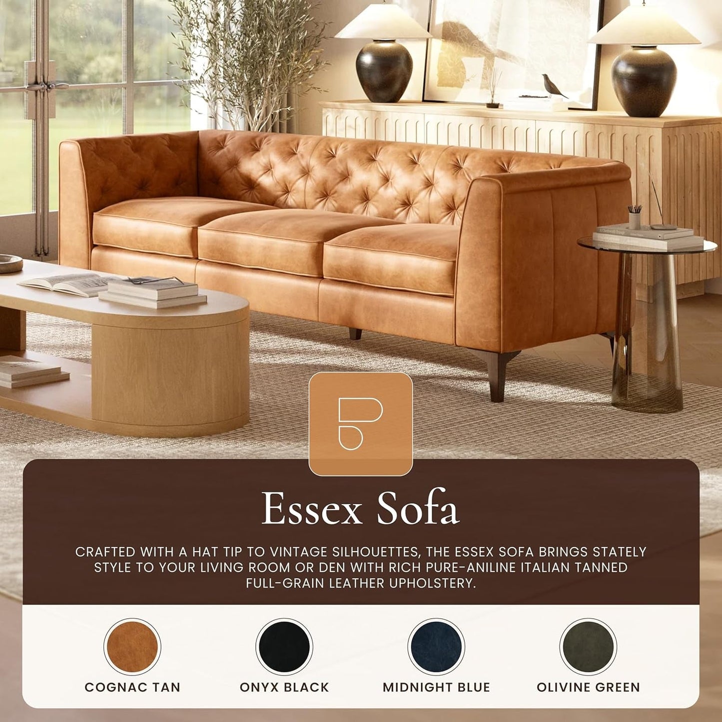 Cognac Tan Leather Sofa with Tufted Back Design-2