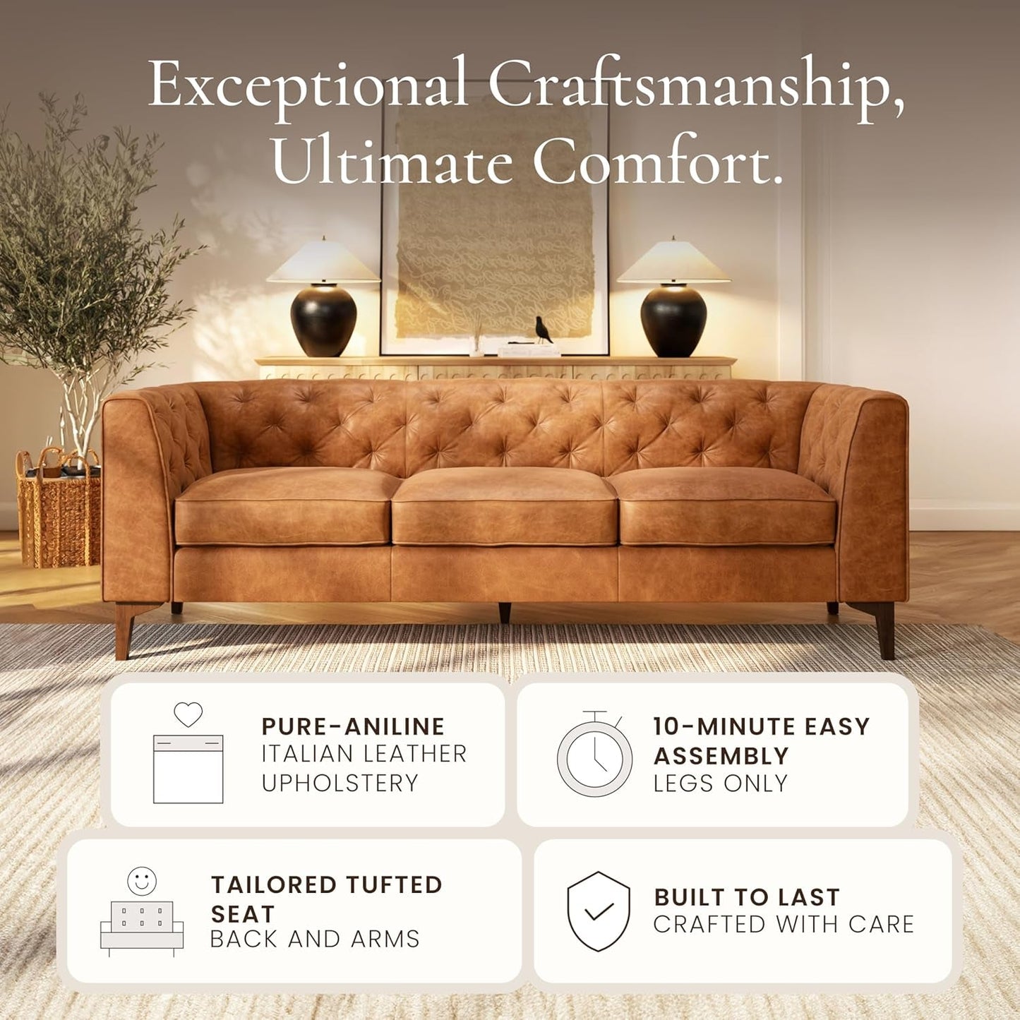 Cognac Tan Leather Sofa with Tufted Back Design-4