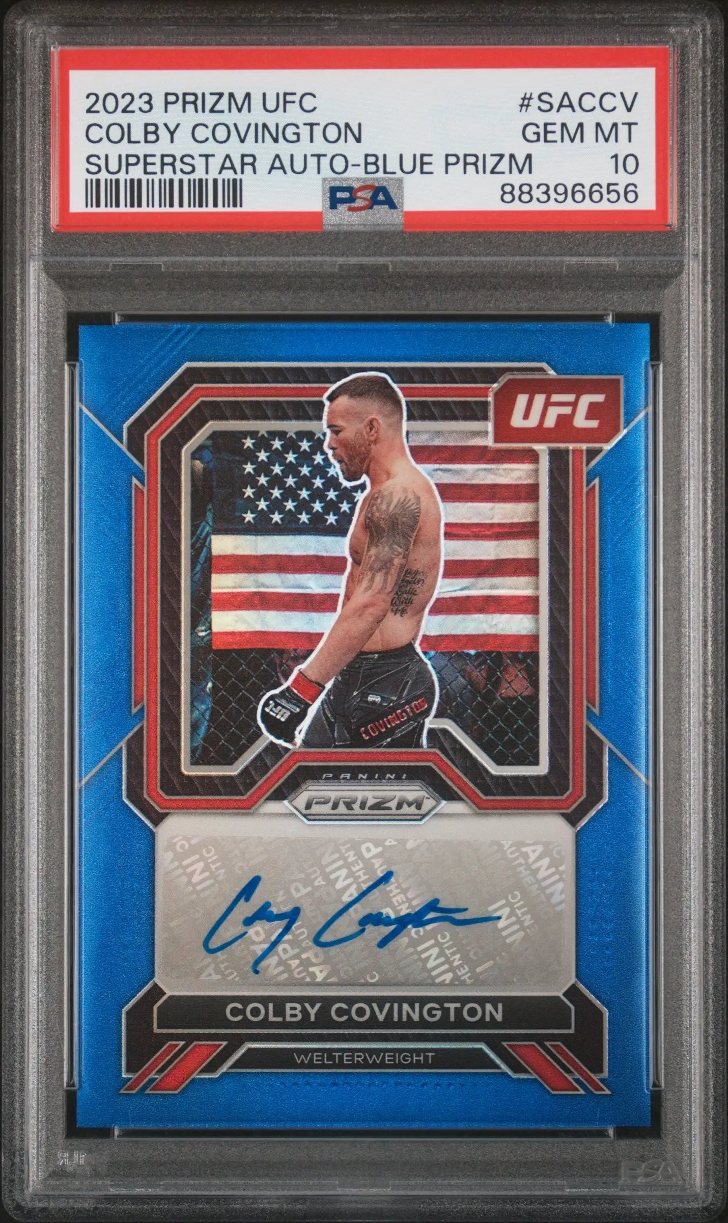 Colby Covington 2023 Panini Prizm Blue Auto #45/49 PSA 10 Gem - Singles