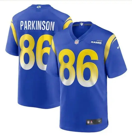 Blue and gold Colby Parkinson Los Angeles Rams Nike Game Jersey displayed