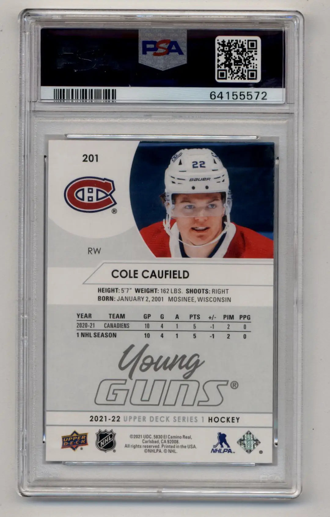 Cole Caufield 2021-22 Upper Deck Young Gun #201 PSA 10 Gem Mint 5572 - Singles