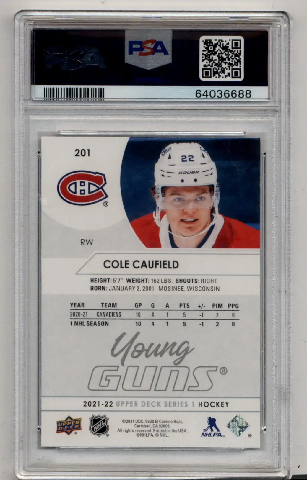 Cole Caufield 2021-22 Upper Deck Young Gun #201 PSA 10 Gem Mint 6688 - Singles