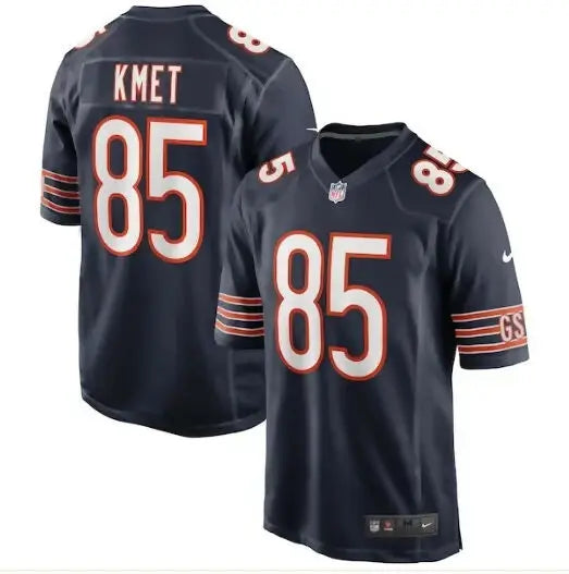 Dark blue Chicago Bears Nike player game jersey with orange and white accents and number 85