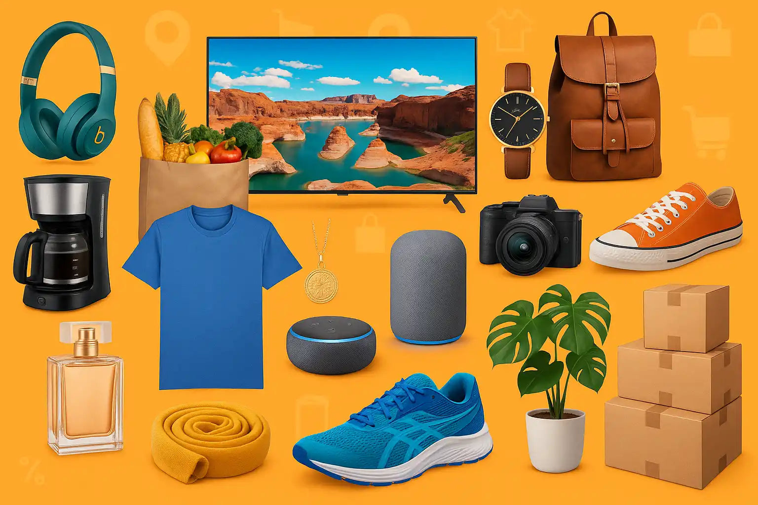 A collection of various consumer products displayed against an orange background.