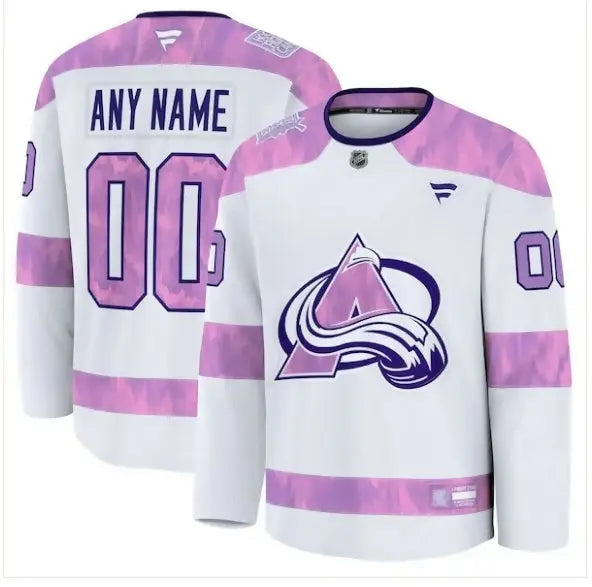 White and pink Colorado Avalanche 2024 Hockey Fights Cancer practice jersey