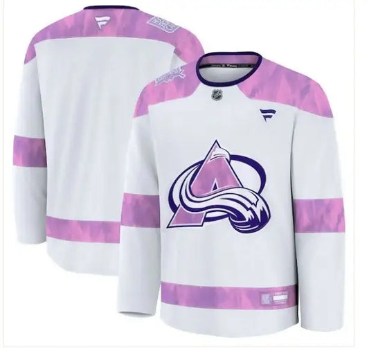 White Colorado Avalanche hockey practice jersey for Hockey Fights Cancer featuring team logo