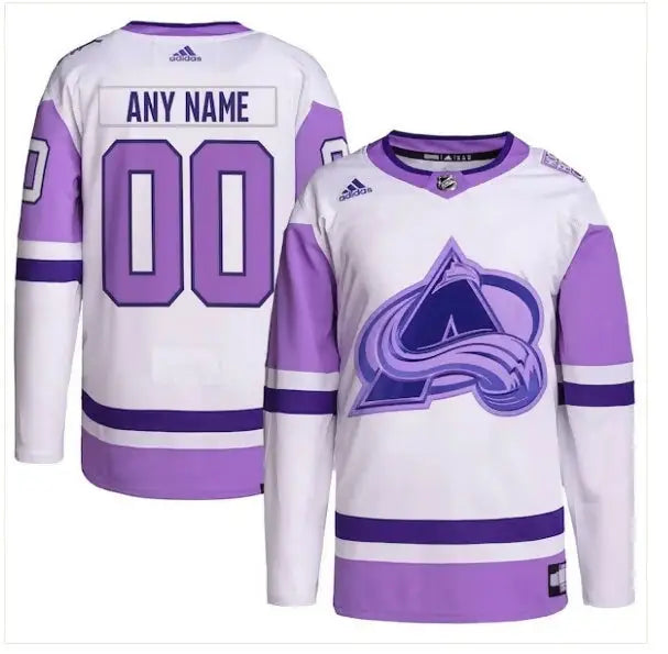White and lavender Colorado Avalanche Hockey Fights Cancer Adidas Primegreen Jersey