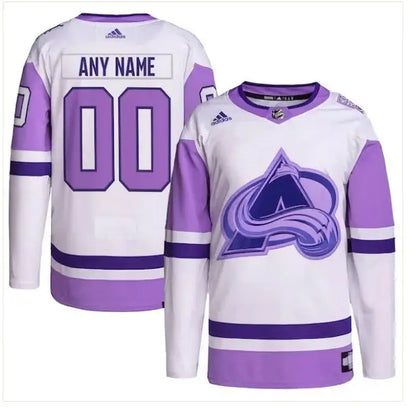 White and lavender Colorado Avalanche Hockey Fights Cancer Adidas Primegreen Jersey