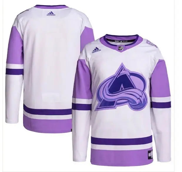 White and lavender Colorado Avalanche hockey jersey from the Adidas Hockey Fights Cancer collection