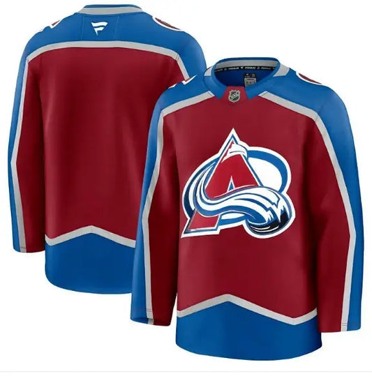 Colorado Avalanche away premium hockey jersey in burgundy displayed on a product page